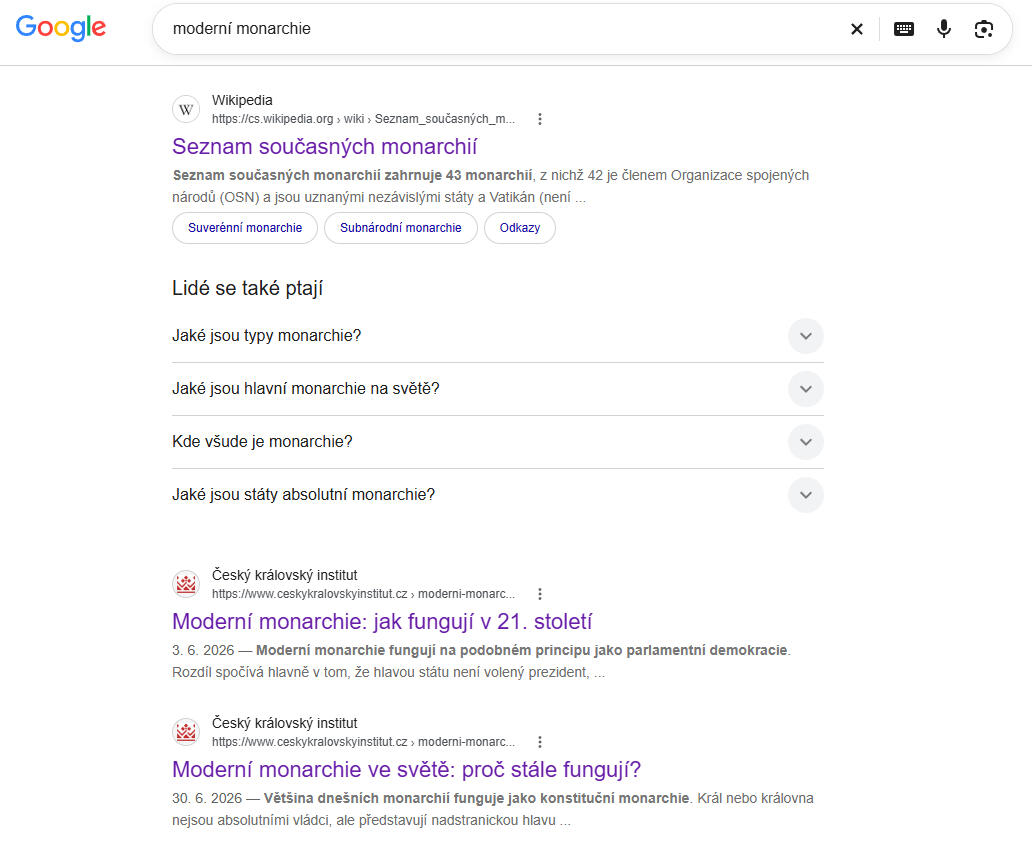 Vyhledávání na Google.com na klíčové slovo "Moderní monarchie"