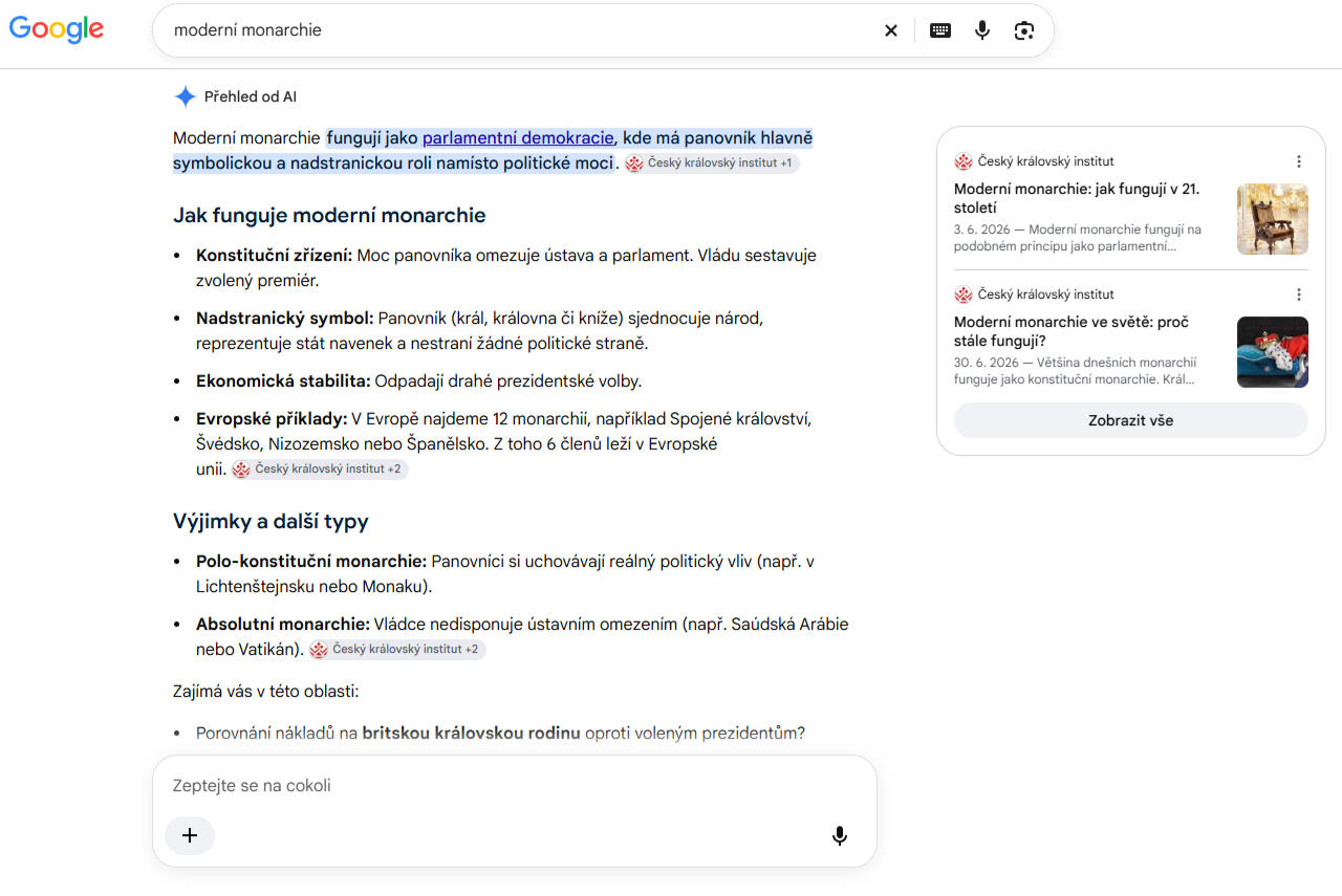 Český královský institut Odpovědi google AI na vyhledávací dotaz "moderní monarchie", ČKI je v doporučených zdrojích